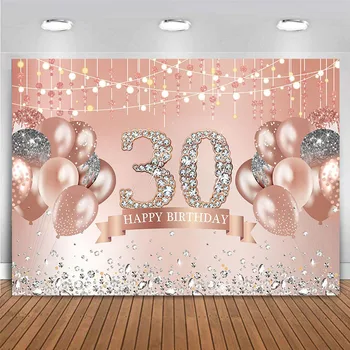 Rose Gold 30. Narozeniny, Strana, Banner, Výzdoba, Pozadí Tkaniny Růžové Glitter Diamanty Balón Foto Pozadí pro Ženy 30 Let