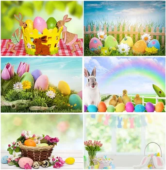 Králíček Roztomilý Kuře Slaví Velikonoční Festival Kulis Ourdoor Zahradní Piknik, Vajíčka, Květinové Duhové Modré Obloze Pozadí