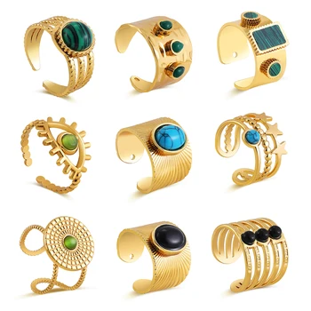 Francie Módní Zelený Přírodní Kámen Otevřené Kroužky pro Ženy Duté Geometrické Prsten z Nerezové Oceli Vintage Šperky Ženské Dárky