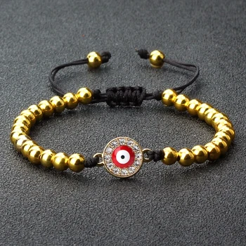 Ručně vyráběné 5 mm Zlaté Barvy Měděné Korálky Pár Náramek Štěstí, turecké Modré Zlé Oko Náramek Pro Ženy Muži Tibetské Buddhistické Šperky