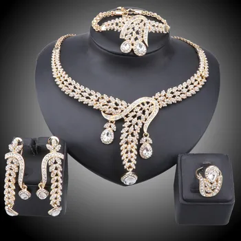 Luxusní Svatební Družička Drahokamu Crystal Prohlášení Náhrdelník Náušnice Náramek Prsten, Party Kostým Dárky Šperky Sady
