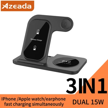 Azeada 3 v 1 Skládací Dual 15W Bezdrátová Nabíječka Stojan pro iPhone 14 15, Pro/Max/Plus, AirPods 3, iWatch Rychlé Nabíjení Držák
