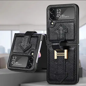 Luxusní Kožený Skládací Telefon Pouzdro Pro Samsung Galaxy Z FliP 4 Z FliP 3 Nárazuvzdorný Plná Barva Odolný Ochranný Kryt