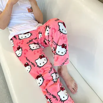 Anime Sanrio Hello Kitty Pyžamo Černá Růžová Flanel Žen Teplé Vlněné Whitecartoon Příležitostné Domácí Kalhoty Podzimní Módní Kalhoty