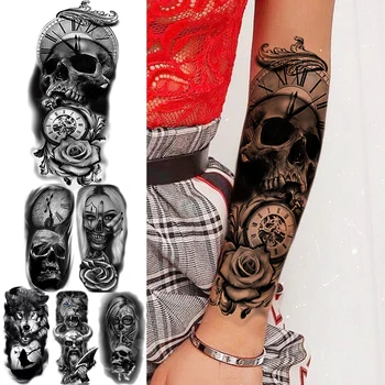 3D Realistické Lebky Compass Rose Květina Dočasné Tetování Pro Ženy, Dospělý Upír, Lev, Vlk Falešné Tetování body Art Tetování v Pračce