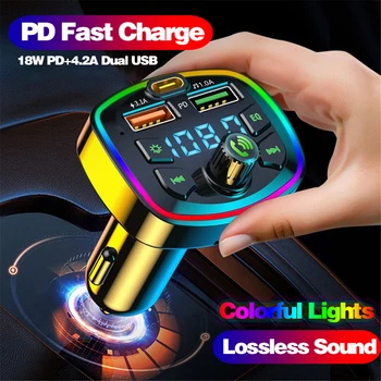 LED Podsvícený Bluetooth FM Vysílač Auto MP3 TF/U Disk Přehrávač Handsfree Sada do Auta Adaptér Dual USB 4.2+18W PD Typ C rychlonabíječka