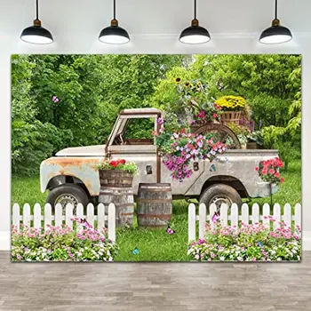 Jarní Truck Zahradní Pozadí Secret Garden Květinové Pozadí pro Fotografování Novorozence Narozeniny Banner Strany Zdi Dekor Foto Prop