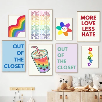 Hrdost Umění Zdi Kanceláře Dekor LGBT Plakát a Tisk Moderní Barva Citát Cartoon Sun Flower Rainbow Nápoje Obrázky Malířské Plátno