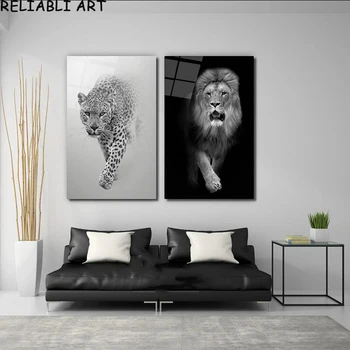 Lev, Leopard Wild Animal Plakát a Otisky Černé a Bílé Umění Zdi Obraz Plátno Malování pro Obývací Pokoj Domácí Dekor Bez Rámu