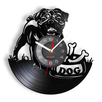 Mops Pes Nástěnné Hodiny Vintage Štěně Umění Zdi Dítě Pokoj Zeď Dekor Vinyl Záznam Hodiny British Bulldog Hodiny Psích Plemen Dárek Milovník Psů