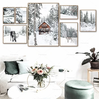 Zimní Krajina Borovém Lese Sněhu horské Chaty Wall Art Malířské Plátno Nordic Plakáty a Tisky Zeď Obrázky pro Obývací Pokoj Dekor
