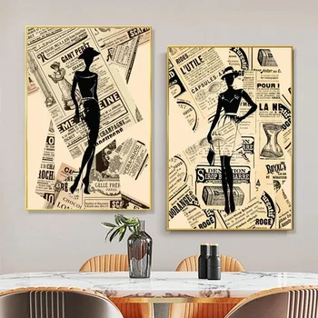 Abstraktní Módní Dívka V Novinách Plátno Obraz Vintage Plakát a Otisky Severské Umění Zdi Obraz pro Obývací Pokoj Domácí Dekor