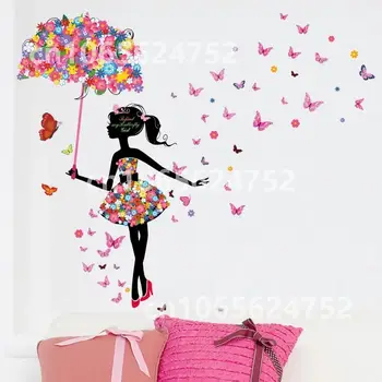 Barevné Květiny Víla Karikatura Dívka s Deštníkem Samolepky na Zeď pro Děti Místnosti Dívka Ložnice Květinové PVC