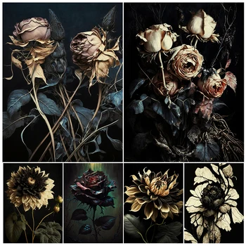 Gothic Black Rose A Tmavě Botanické Wall Art Malířské Plátno Dark Vintage Květinové Umění Plakátu A Tisk Pro Obývací Pokoj Dekor