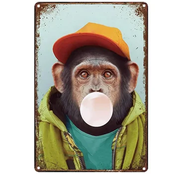 Retro Design Orangutan Foukání Žvýkačky Cínu Kovové Známky Wall Art | Tlusté Pocínovaných Tisk, Plakát Nástěnná Dekorace