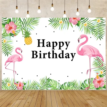 Tropické Zelené Listy Flamingo Šťastné Narozeniny Fotografické Pozadí Letní Pohodě Divoká Děti, Rodinnou Oslavu Kulis Přizpůsobit