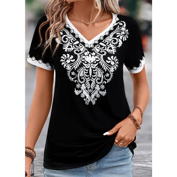 2023 Vintage Tričko Pro Ženy Totem Tištěné Etnické Styl Oblečení pro Ženy Letní Příležitostné Krátký Rukáv Topy Trička Nadrozměrné T-Shirt