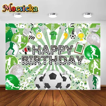 Šťastný Oslavenec Fotbal Portrétní Fotografie Pozadí Zelené Balón Fotbal Party Dekorace Pozadí Photocall Rekvizity