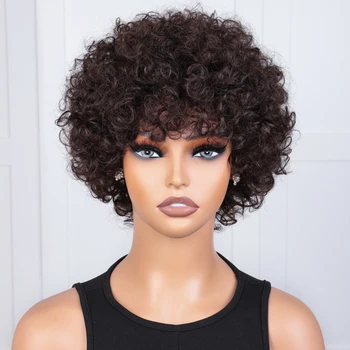 Elegantní Krátké Lidské Vlasy, Paruky Pro Ženy, Kudrnaté Pixie Střih Brazilské Vlasy, Paruky 4# Barevné Afro Perverzní Kudrnaté Paruky Přírodní Žena Paruku