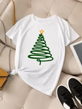 Hvězdičkový Strom Akvarel Trend Ženy Módní Oblečení Krátký Rukáv T-košile Tisk Veselé Vánoce Nový Rok Top Graphic Tee