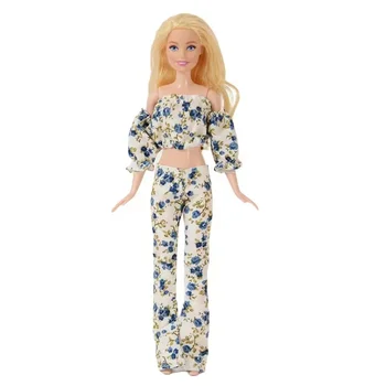Modré Květinové Puff Sleeve 1/6 BJD Doll Šaty Pro Barbie Oblečení Pro Barbie Doplňky Top Kalhoty 11.5