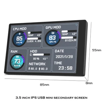 Počítačový Monitor pro Mini ITX Case 3.5 Palcový IPS TYP-C Sekundární Displej CPU GPU RAM HDD USB Display Volně AIDA64