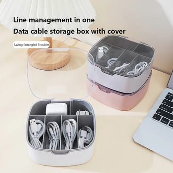 Prach-důkaz Drátu Držák Kabelu pokladny Zásuvku USB Úložný Box s Víkem Sluchátka Nabíjecí Kabel Organizátor Bin Grid Storage Case