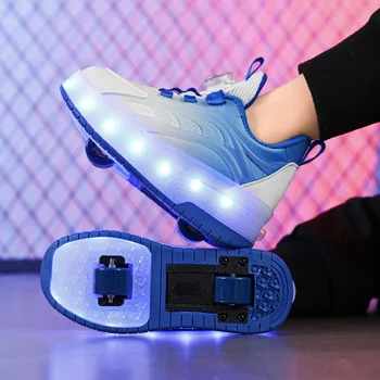 Dva-kolové flash boty Chlapecké light-up kůže kolečkové brusle s otáčením tlačítka dívčí boty Třpytky Jasné Světlo Boty příliv