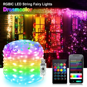 Smart LED Víla String Světla, USB 5V Dreamcolor Vánoční Osvětlení WS2812B RGBIC Řetězec Lampa Venkovní Vodotěsný Bluetooth Ovládání