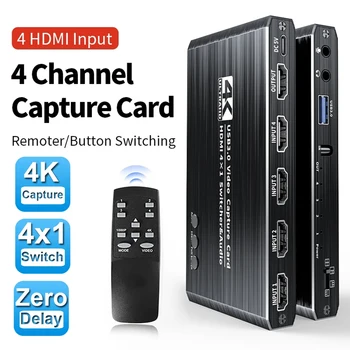 4 Port 4K Video Capture Card USB 3.0 HDMI-kompatibilní Grabber Recorder Bezproblémový Přepínač pro Nahrávání Live Streaming Černá