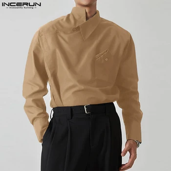 INCERUN 2023 Pánské Nepravidelné Shirt Solid Barevný Límec Volné Dlouhý Rukáv Ležérní Muži Oblečení Streetwear Móda Mužské Košile