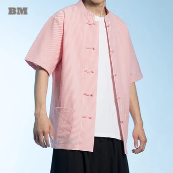 Čínský Styl Volné Plus Velikosti Pár Pruhované Tričko Letní Vintage Casual Krátký Rukáv Muži Oblečení Harajuku Ležérní Topy Muž