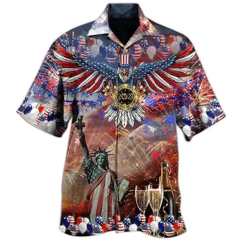 Pánské Klopě Volné Tričko 3D Eagle Tisk Americká Vlajka Ležérní Beach Party Velké Havajské Košili 2023 Nové