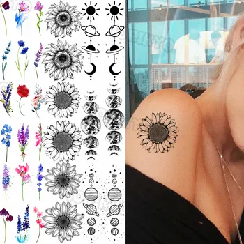 Černé Slunce Květina Dočasné Tetování Malé Pro Ženy, Dívky Planetární Vesmíru Levandule Falešné Tetování Nálepka Paže, Tělo, Tetování Dovolenou