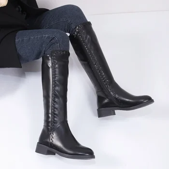 Boty pro Ženy 2023 Nové Zimní Fleece Teplé Dámské Kozačky Pohodlné Náměstí Pata Černé Vysoké Boty Zapatos De Mujer