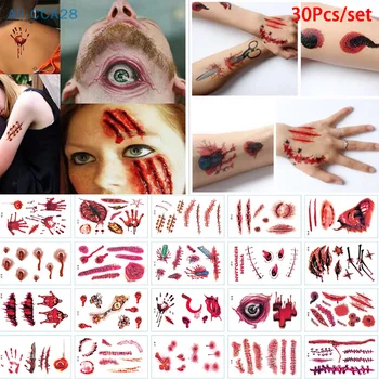 30 KS Halloween Vodotěsné Dočasné Tetování Pro Lady Ženy, 3d Reality Upíří Krev, Jizvy Design Tetování Nálepka