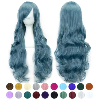 30 Barvy Dlouhé Vlnité Syntetické Vlasy, Tmavě Modré Cosplay Paruka s Ofinou Barevné Halloween Kostým Paruky pro Dívky
