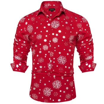 Vánoční Pánské Tričko Strana Pánské Oblečení Červené Dlouhý Rukáv Tlačítko Dolů Límec Šaty Košile Halenka s Silver Snowflake Vzor