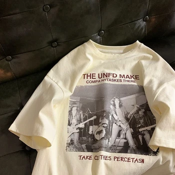 Americký Rockový Grunge Y2K Horní Znak, Vintage Tisk T Košile Unisex Streetwear Volné Letní Topy Meruňkové Bavlny Ležérní Oblečení