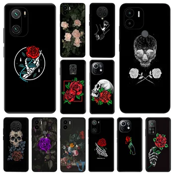 Černé Matné Telefon Pouzdro Pro Redmi K60 K50Gaming K40 Note8 7 Pro Xiaomi Mi 11 11T 10 10T Note10 Lite Skull Red Rose Art Měkký Kryt