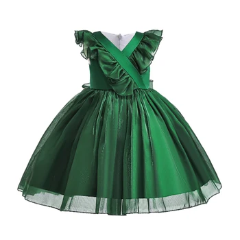 Zelená Vánoční Večírek Šaty Pro Dívky Chidlren Kostým Formální Družička Šaty V-Neck Luk Děti, Holka, Svatební, Večerní Vestidos