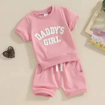 Novorozeně Dívka Krátké Sady Letní Oblečení 2ks Oblečení Fuzzy Dopis Vyšívání Krátký Rukáv Topy a Šortky Dětské Oblečení