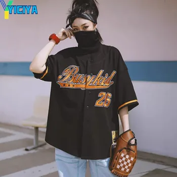 YICIYA T-shirt y2k kpop crop Top dámské černé krátký Rukáv Výšivka baseball t-košile, letní Vysoce kvalitní halenky Nadrozměrné tee