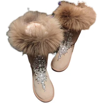 Fox vlasy, boty, Ručně vyrobené zimní plus fleece teplé boty porýní-vrták kožešiny jeden kus boty žen velké velikosti 35-44